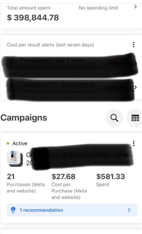 Meta Ads: spesa totale dell'account $398.844,78